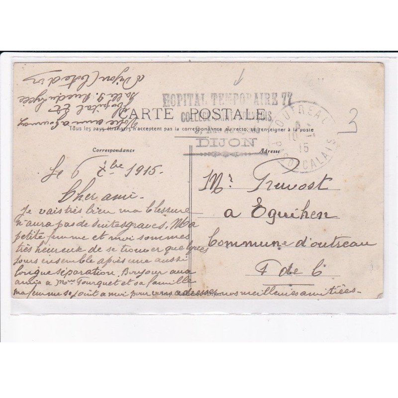 CACHET: hôpital temporaire 77 collège saint-françois, dijon - très bon état