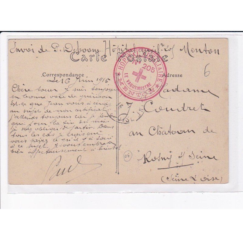 CACHET: hôpital auxiliaire, le vaguemestre, menton - très bon état