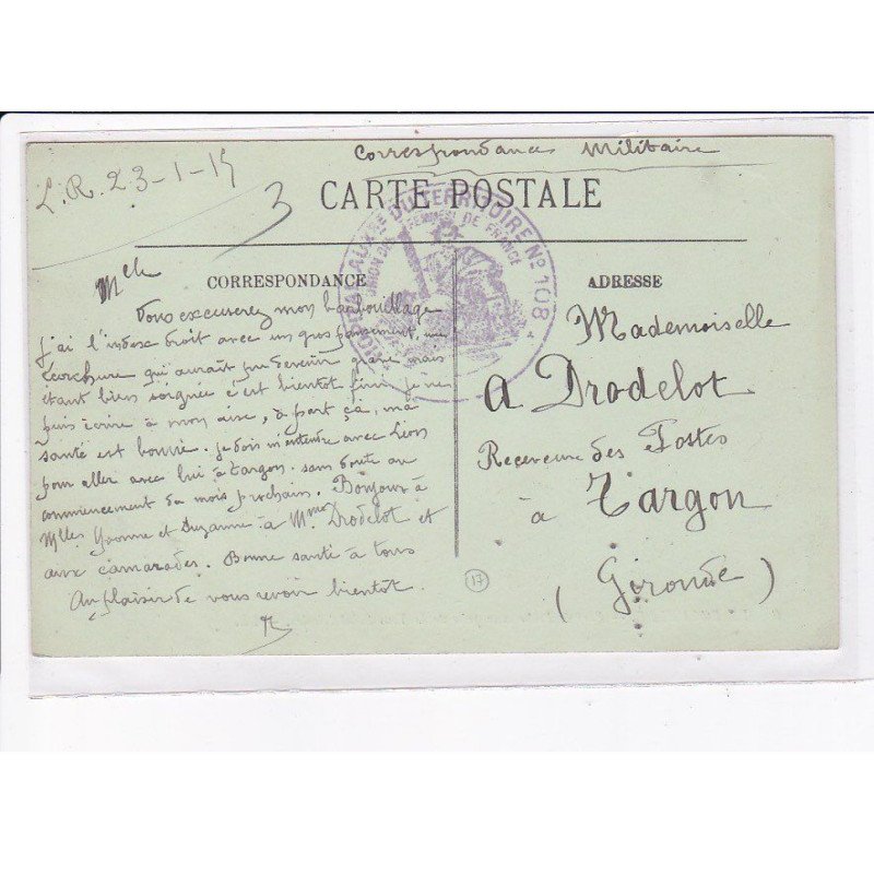 CACHET: hôpital auxiliaire n° 108 - très bon état