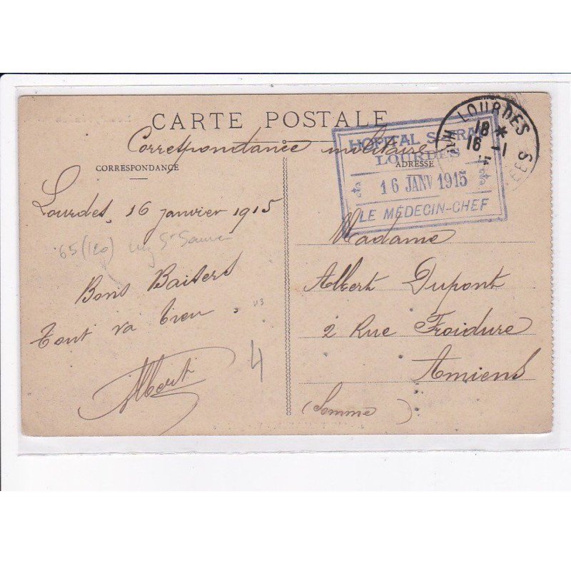 CACHET: hôpital saint-françois lourdes, 1915, le médecin-chef - très bon état