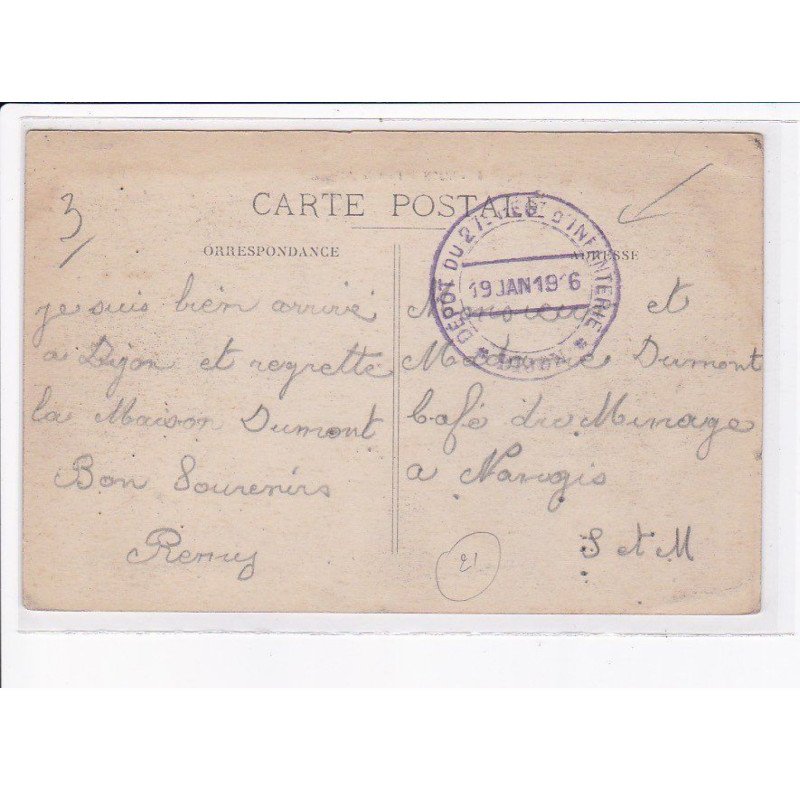 CACHET: dépôt du 21 d'infanterie, 19 janvier 1916 - très bon état