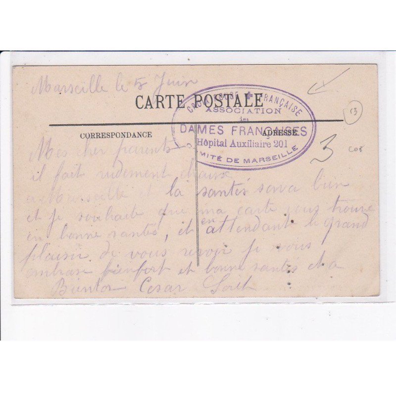CACHET: croix rouge française association dames françaises hôpital auxiliaire 201 comité de marseilles - très bon état