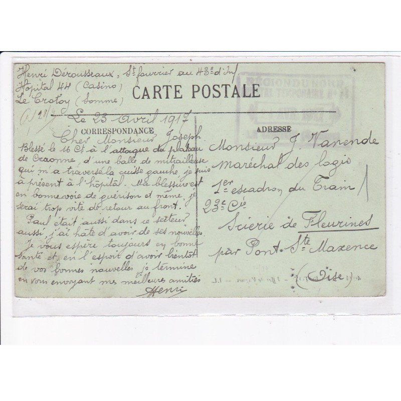 CACHET: région du nord hôpital temporaire, 24 avril 1917 - très bon état