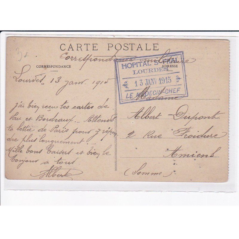 CACHET: hôpital saint-frai, lourdes, 13 janvier 1915, le médecin-chef - très bon état