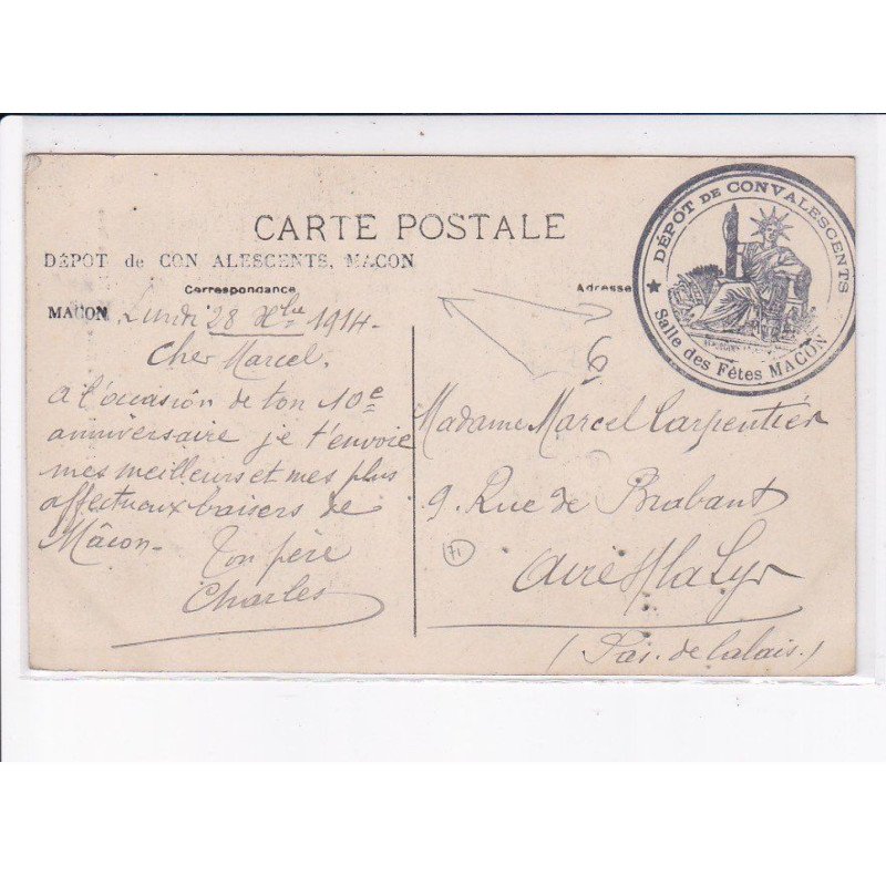 CACHET: dépôt de convalescents, salle des fêtes macon - très bon état
