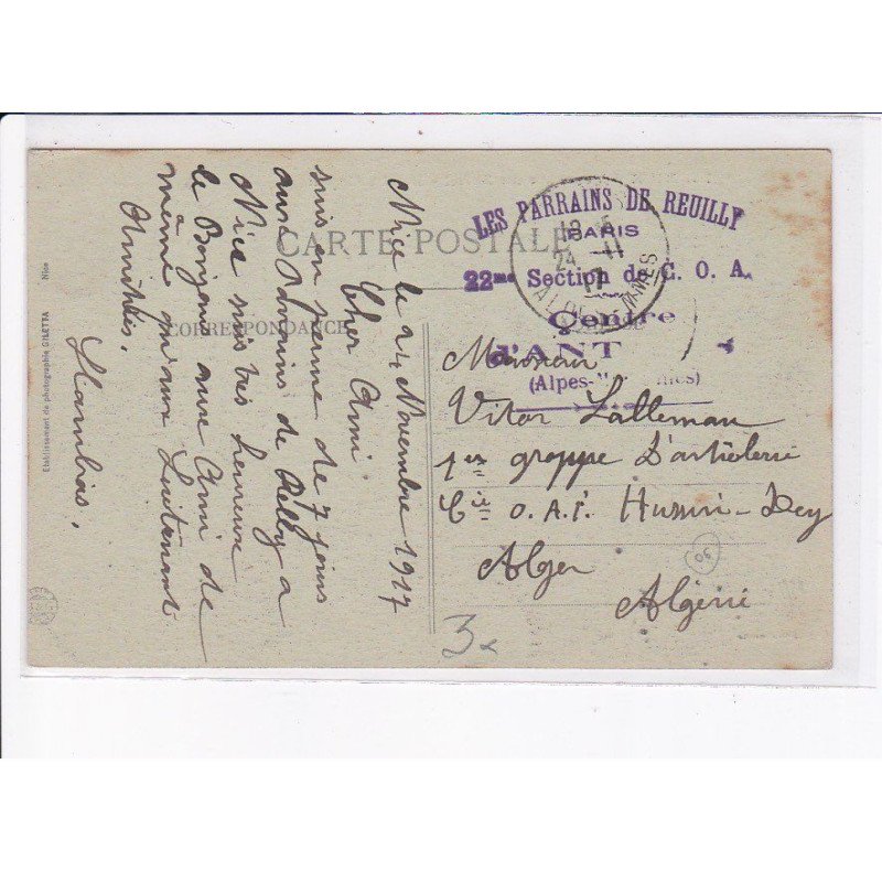 CACHET: les parrains de reuilly, paris, 22e section de C.O.A. - très bon état