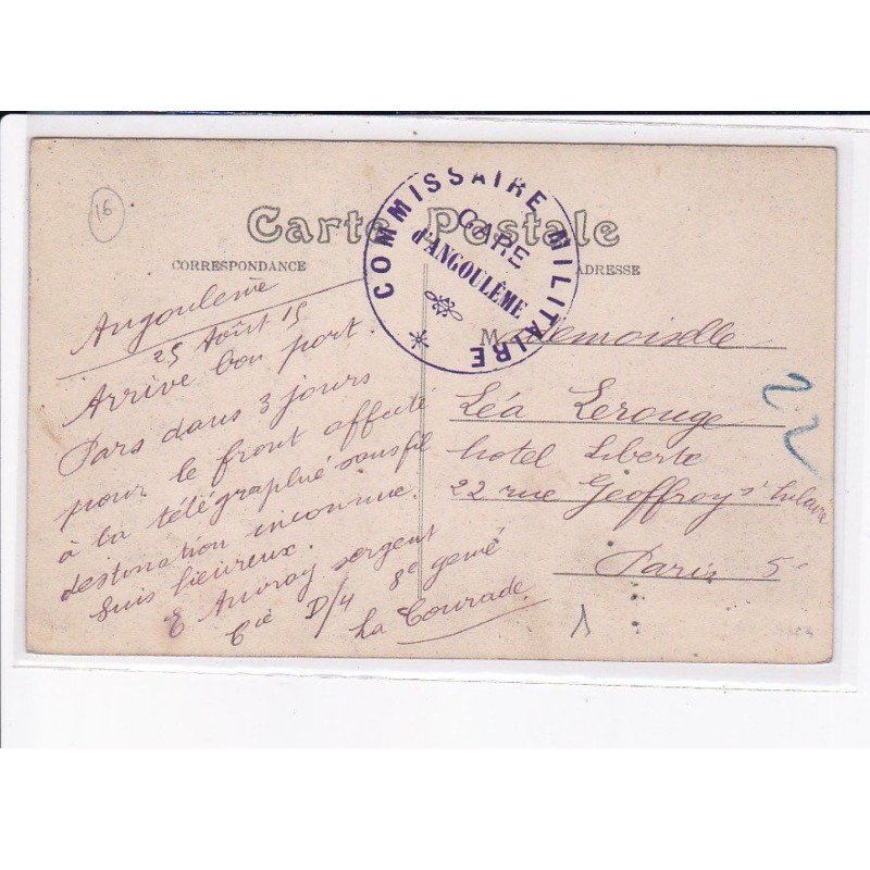 CACHET: commissaier militaire, gare d'angoulême - très bon état