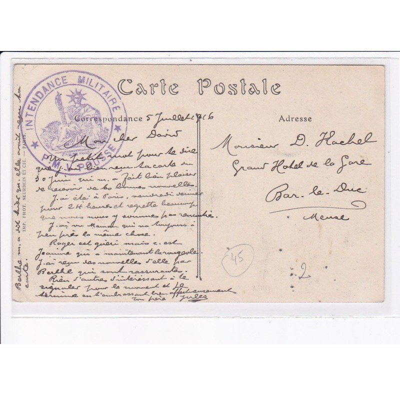 CACHET: intendance militaire P.M.V. pousse - très bon état