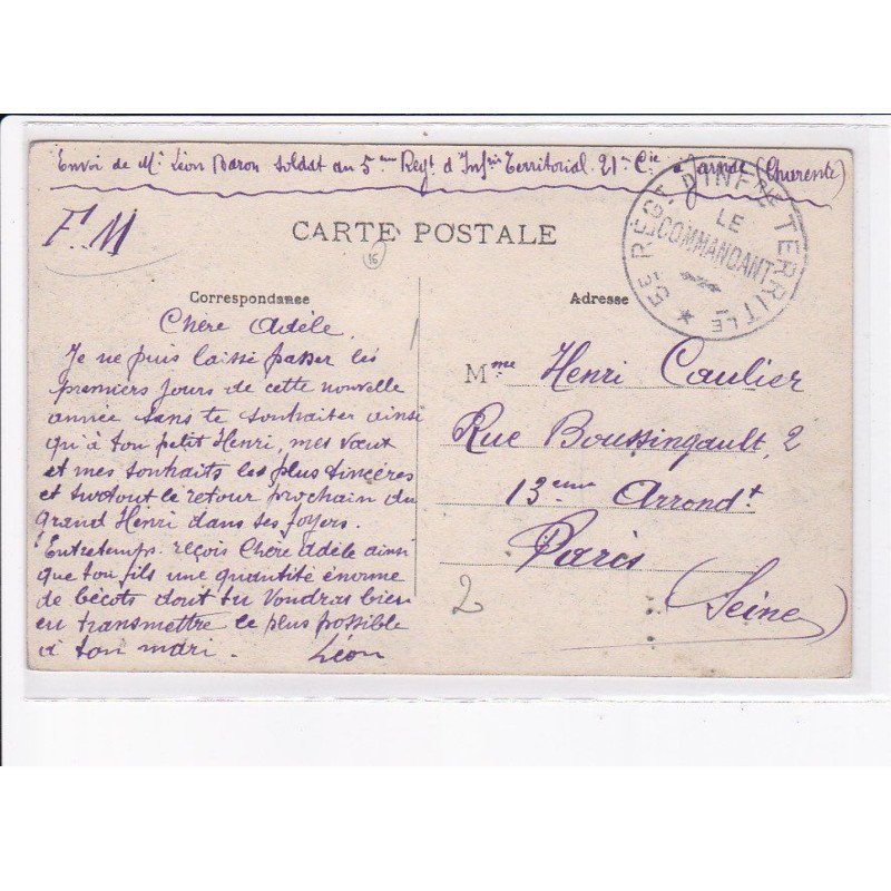 CACHET: 5e régiment d'infanterie, le commandant - très bon état