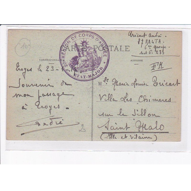 CACHET: 20e région de corps d'armée, état-major - très bon état