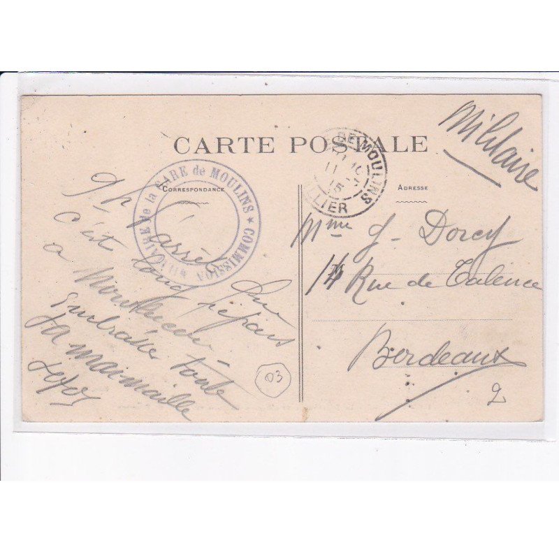 CACHET: commission militaire de la gare de moulins - très bon état