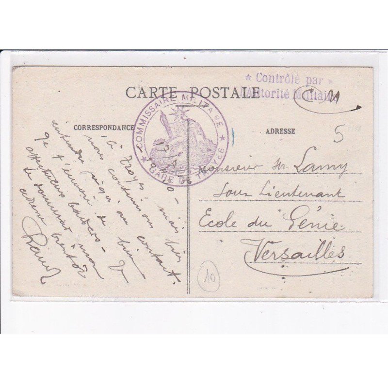 CACHET: contrôlé par l'autorité militaire, commissaire militaire, gare de troyes - très bon état