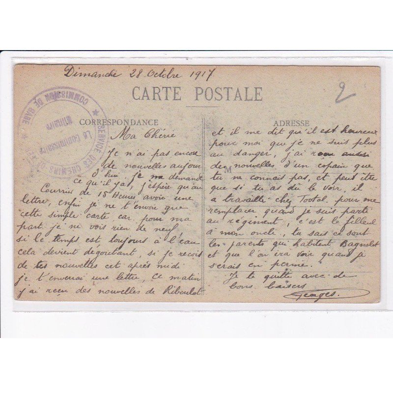 CACHET: services des chemins, commission de gare, le commissaire militaire - très bon état