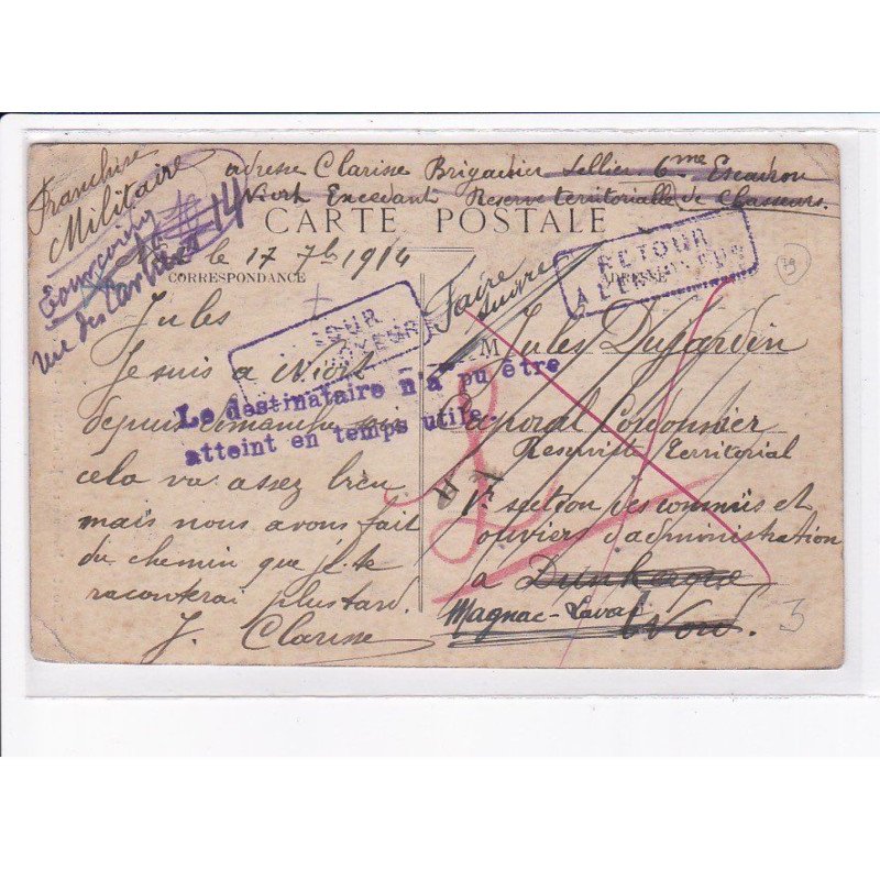 CACHET: le destinataire n'a pu être atteint en temps utile - très bon état