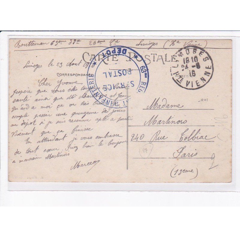 CACHET: 63e régiment d'infanterie, dépôt, service postal - très bon état