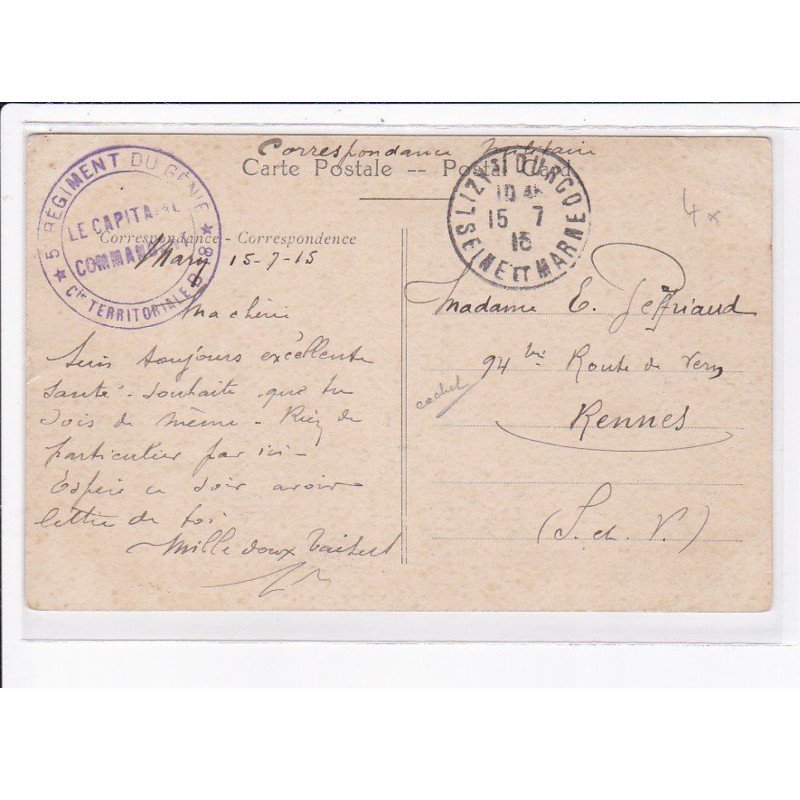 CACHET: 5e régiment du génie, le capitaine commandant - très bon état