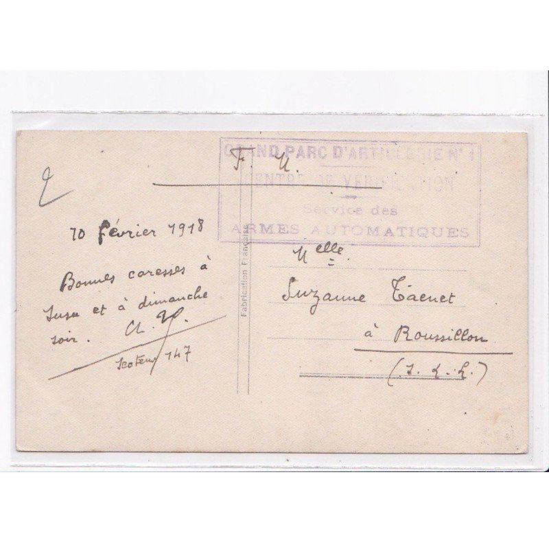 CACHET: grand parc d'artillerie n°1, centre de vérification, service des armes automoatiques - très bon état