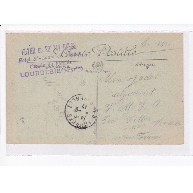 CACHET: foyer du soldat belge, hôtel saint-louis de france, chemin du paradis, lourdes - très bon état