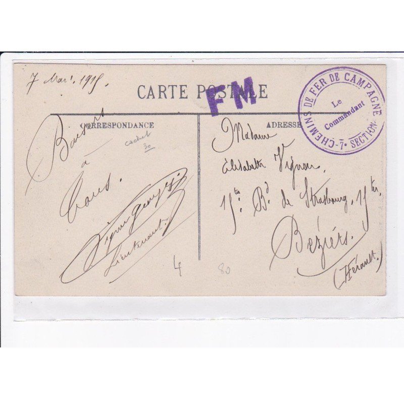 CACHET: chemin de fer de campagne, 7e section, le commandant - très bon état