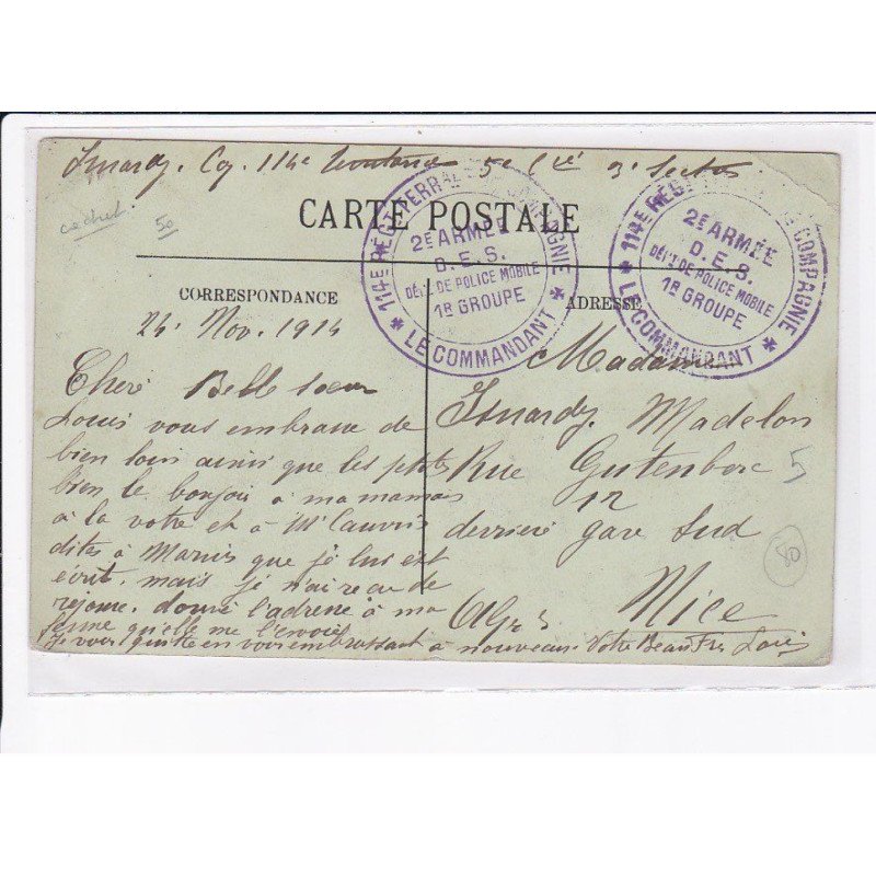 CACHET: 114e régiment territorial, 2e armée D.E.S. dept. de police mobile 1er groupe - très bon état