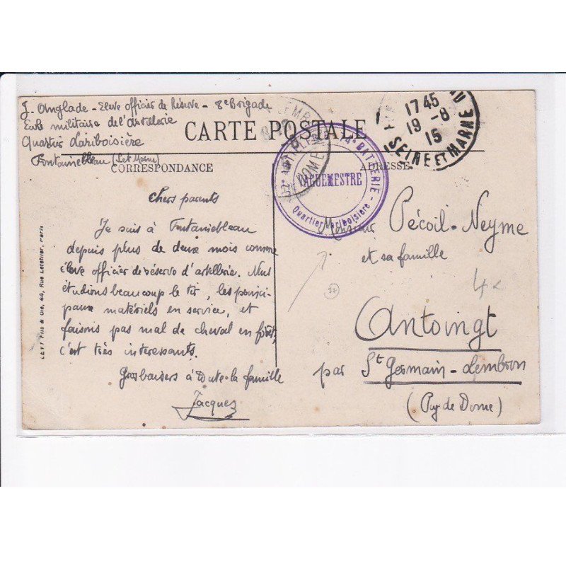 CACHET: 32e artillerie, 74e batterie, le vaguemestre - très bon état