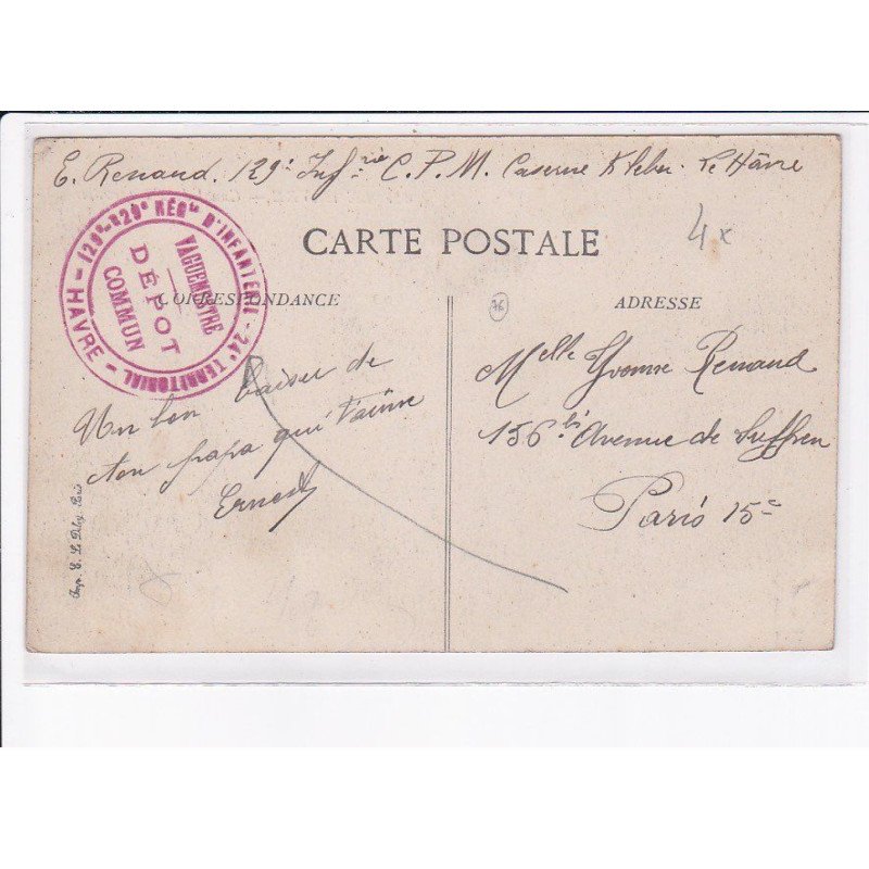 CACHET: 129e régiment d'infanterie, 24e territorial, vaguemestre dépôt commun - très bon état