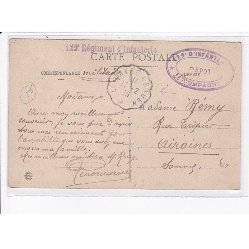 CACHET: 129e d'infanterie, dépôt, 8e compagnie - très bon état