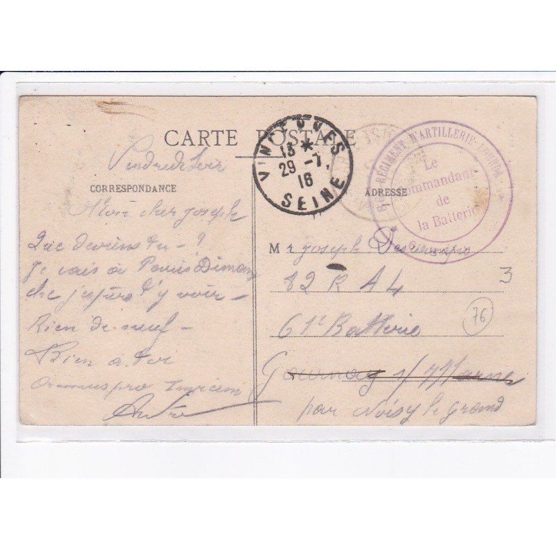 CACHET: 86e régiment d'artillerie lourde, le commandant de la batterie - très bon état