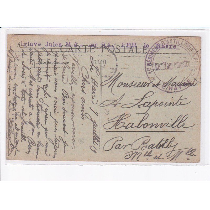 CACHET: 1er régiment d'artillerie à pied, le vaguemestre - très bon état