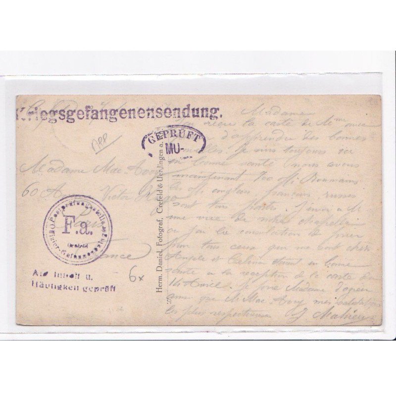 CACHET: kriegsgefangenensendung, F.A., gepruft MU - très bon état