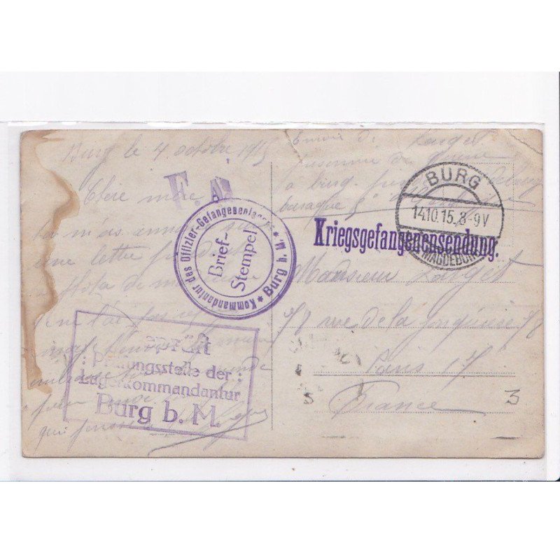 CACHET: kommandantur des offizier-gefangegen, kriegsgefangenensendung - très bon état