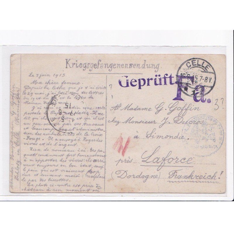 CACHET: kriegsgefangenensendung, geprüft Fa. - très bon état