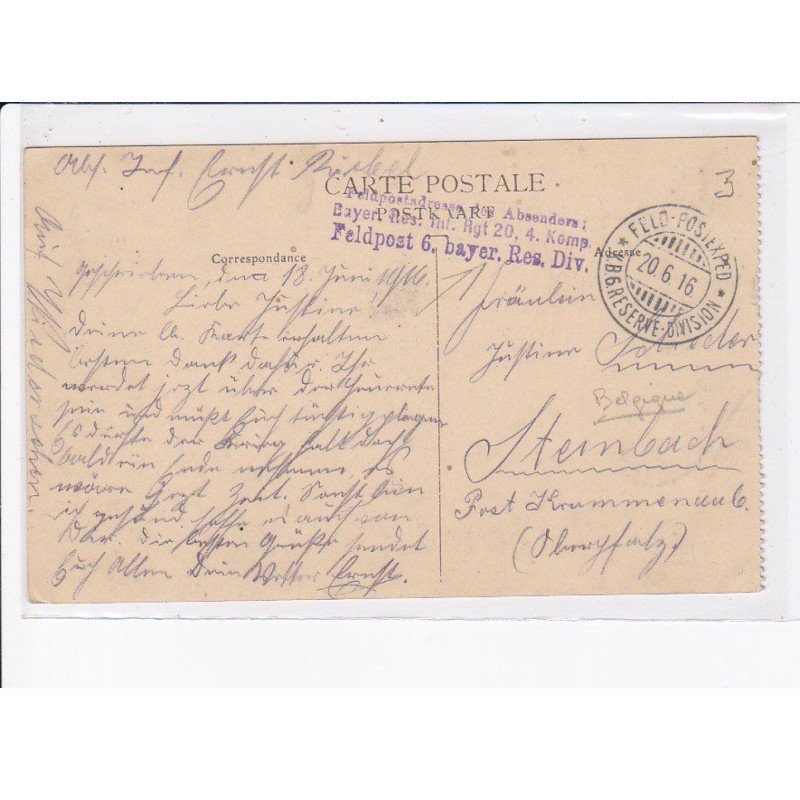 CACHET: feldpostadress absender bayer res inf rgt 20 4 komp - très bon état