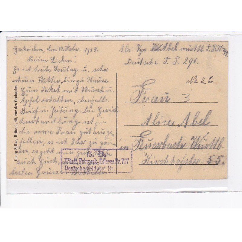 CACHET: S.B. würt fuhneck kolonne Nr. 787, deutsche feldpost - très bon état