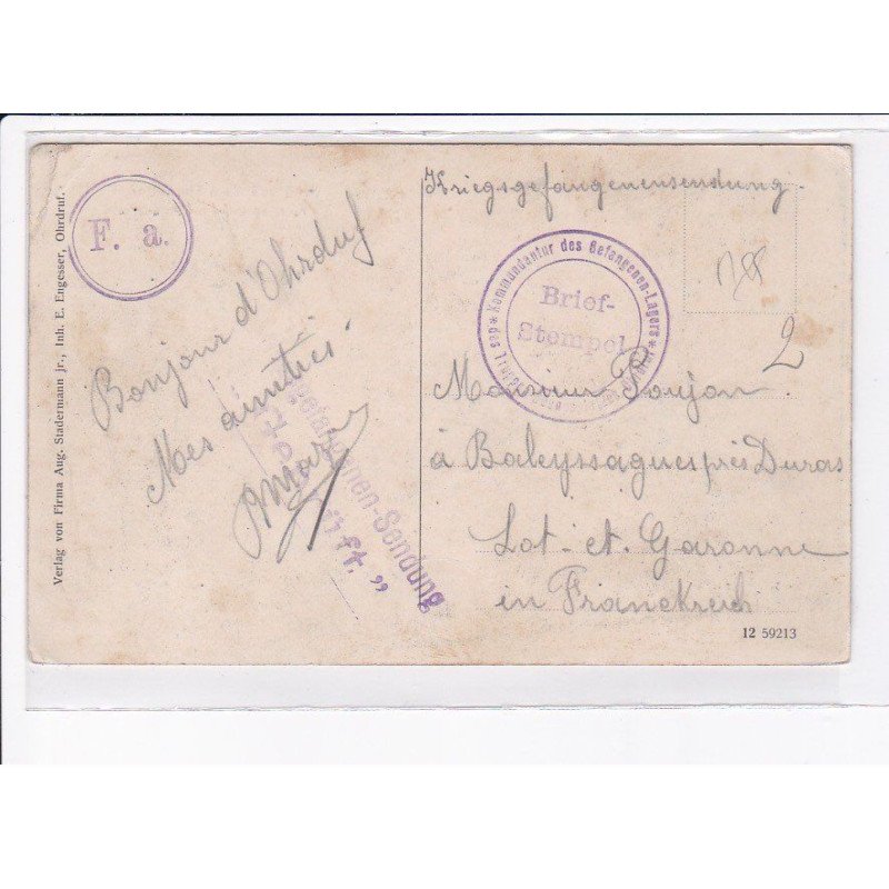 CACHET: F.A. brief-stempel, kommandanter des gefangenen-lagers - très bon état