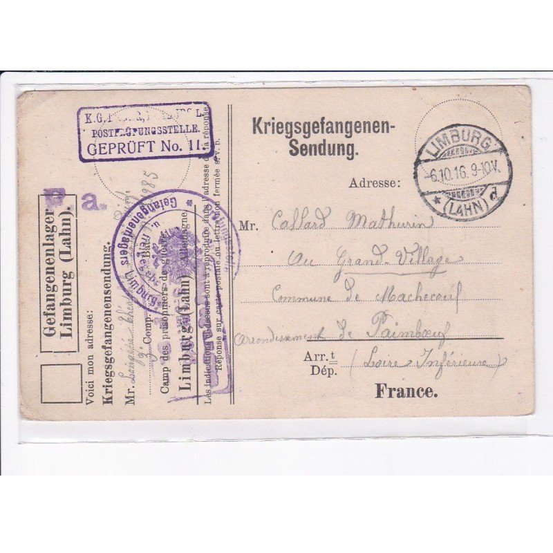 CACHET: geprüft no. 11, gefangenenlager, limburg - très bon état