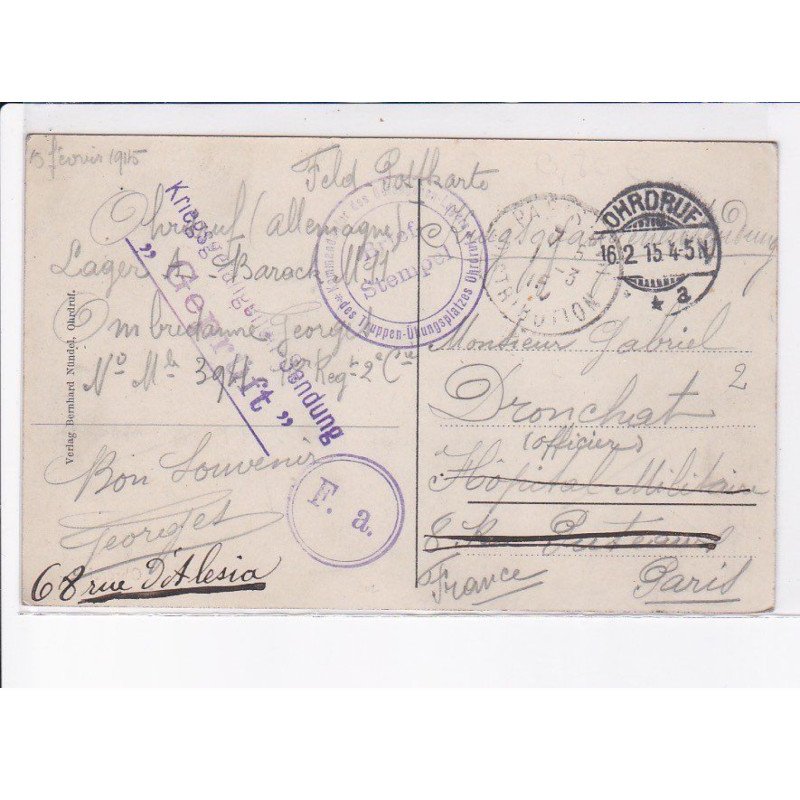 CACHET: kommandantur des gefangenen, krigsgefangenen sendung, geprüft - très bon état