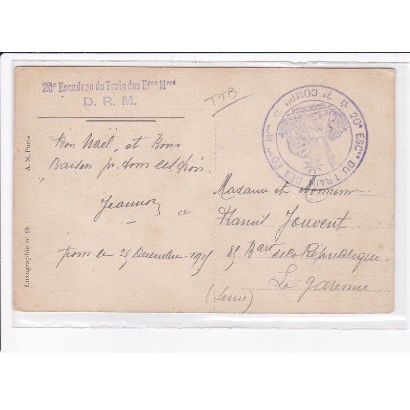 CACHET: 26e escadron du train des Eges Mres, D.R.M. - très bon état