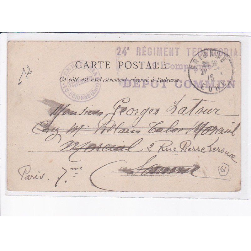 CACHET: 24e régiment territorial, 9e compagne, dépôt commun - très bon état