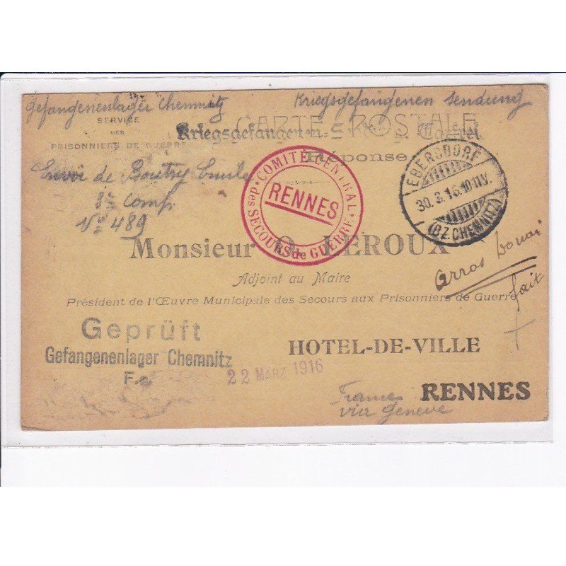 CACHET: comité général, secours de guerre, rennes - très bon état