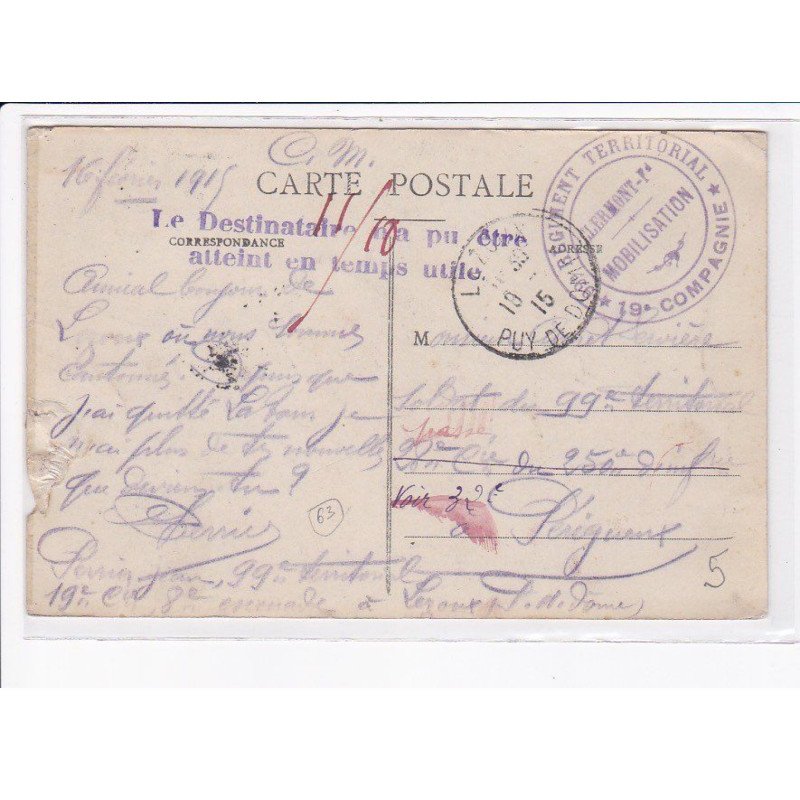 CACHET: 99e régiment territorial, 19e compagnie, mobilisation - très bon état