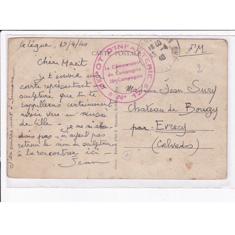 CACHET: dépôt d'infanterie n°12, le commandant de compagnie 28e compagnie - très bon état