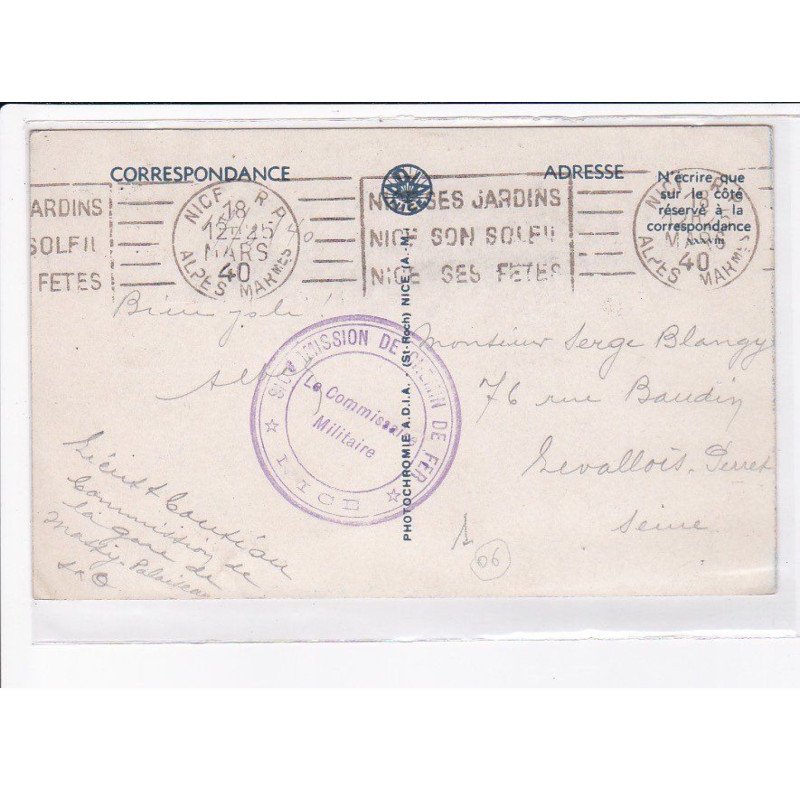 CACHET: chemin de fer, commissaire militaire, nice - très bon état