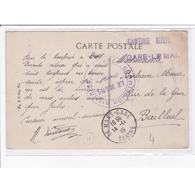 CACHET: cantine militaire, gare-le mans, commission militaire - très bon état