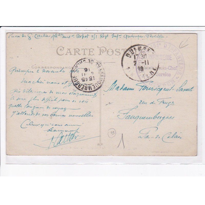 CACHET: dépôt 151e d'infanterie, infirmerie, médecin chef du service, quimper - très bon état