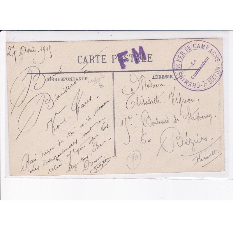 CACHET: chemin de fer de campagne, le commandant, 7e section - très bon état