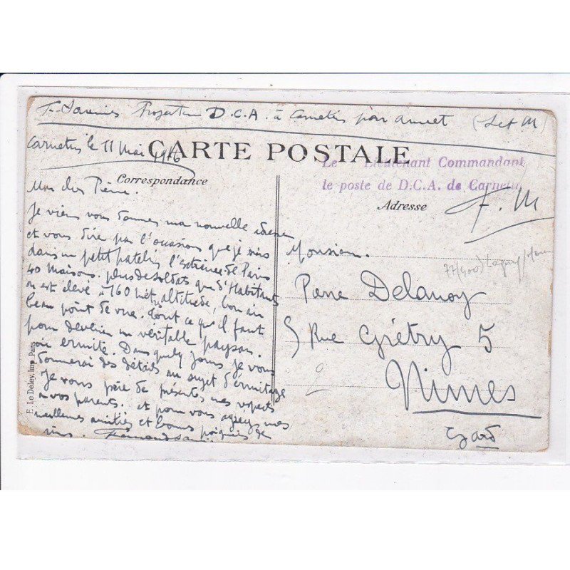 CACHET: le llieutenant commandant le poste de D.C.A. de carneim - très bon état