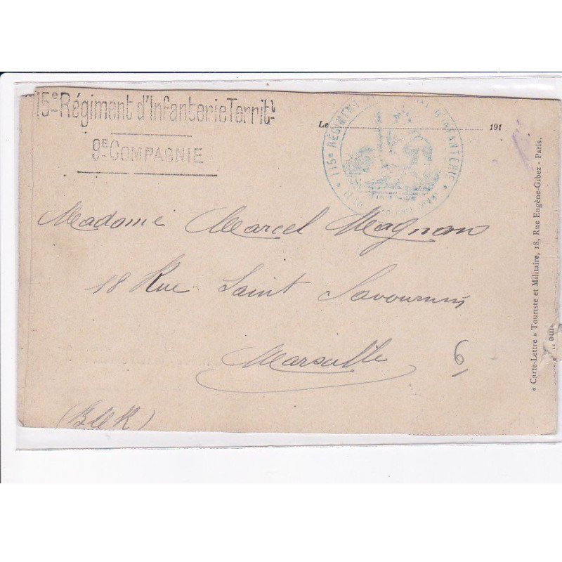 CACHET: 15e régiment d'infanterie territorial, 9e compagnie - très bon état