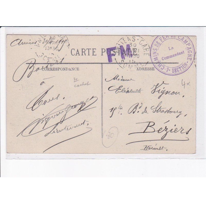 CACHET: F.M., 7e section, chemin de fer de campagne - très bon état