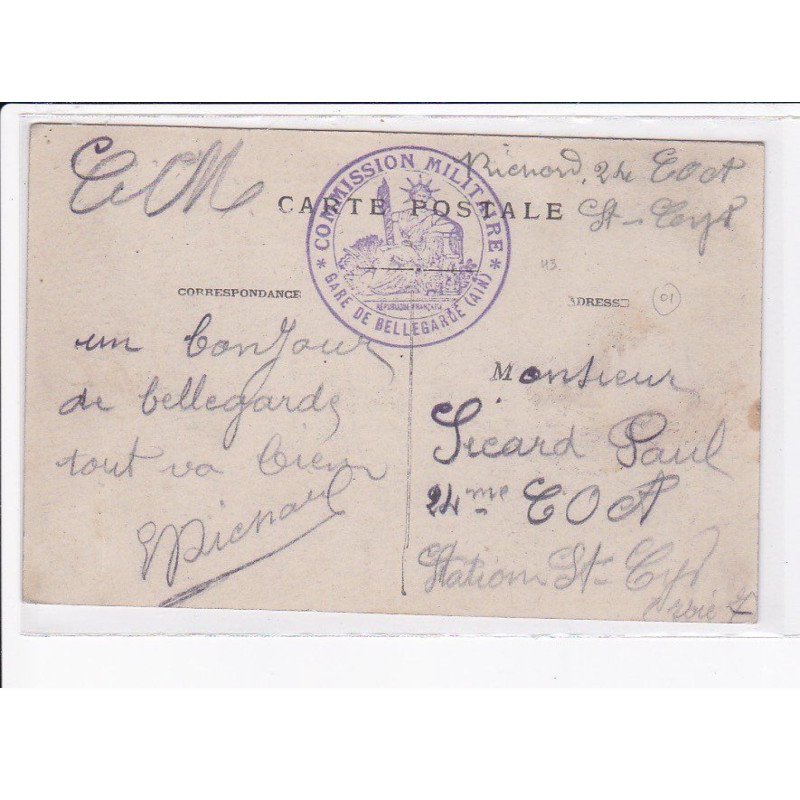 CACHET: commission militaire, gare de bellegarde - très bon état